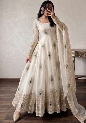 Cream Embroidered Silk Kurta Set