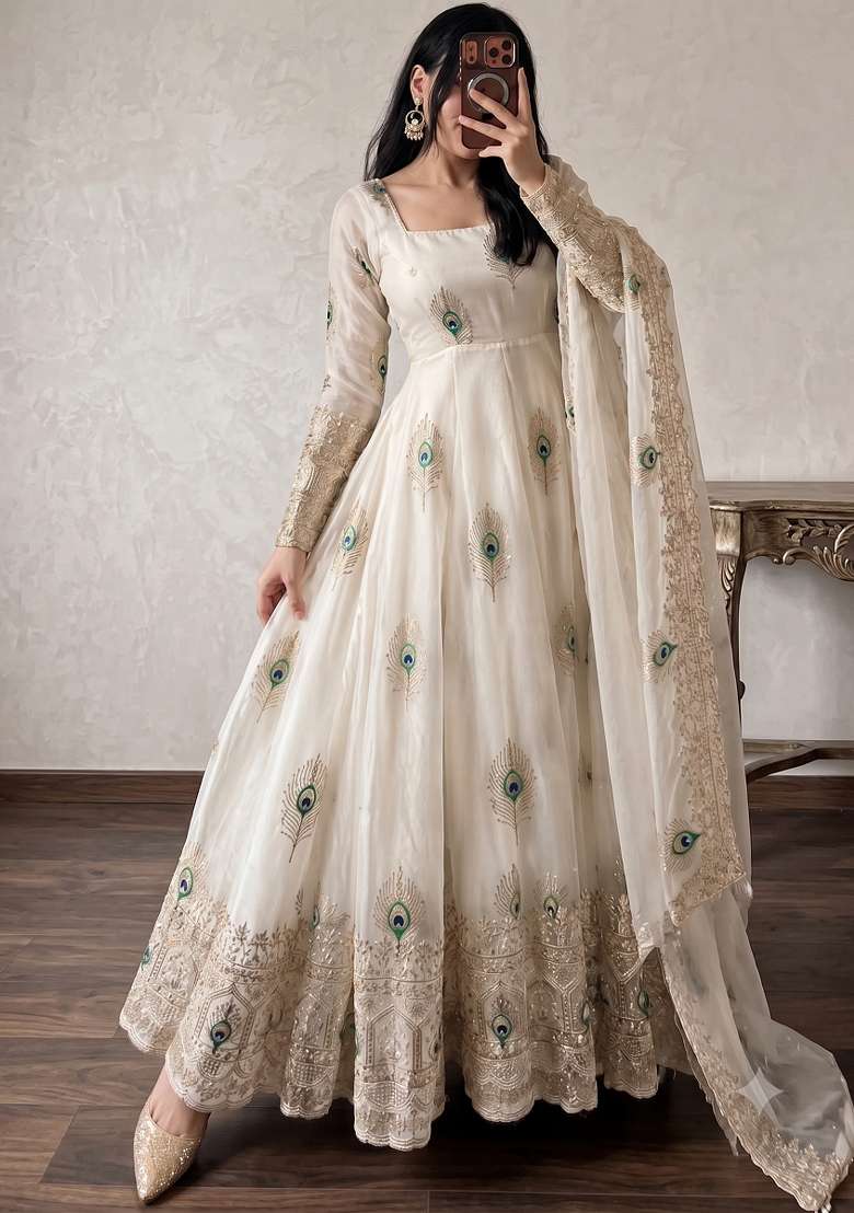 Cream Embroidered Silk Kurta Set - Indya