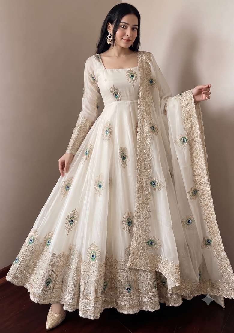 Cream Embroidered Silk Kurta Set - Indya