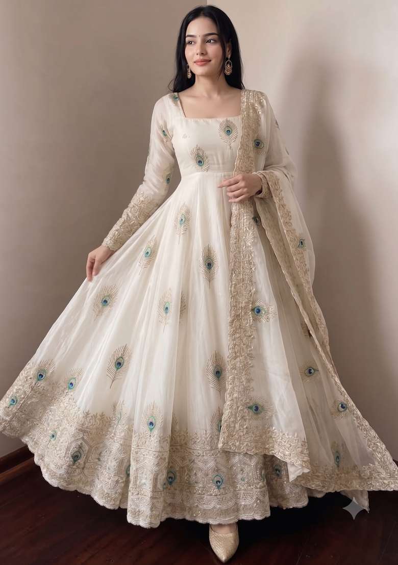 Cream Embroidered Silk Kurta Set - Indya