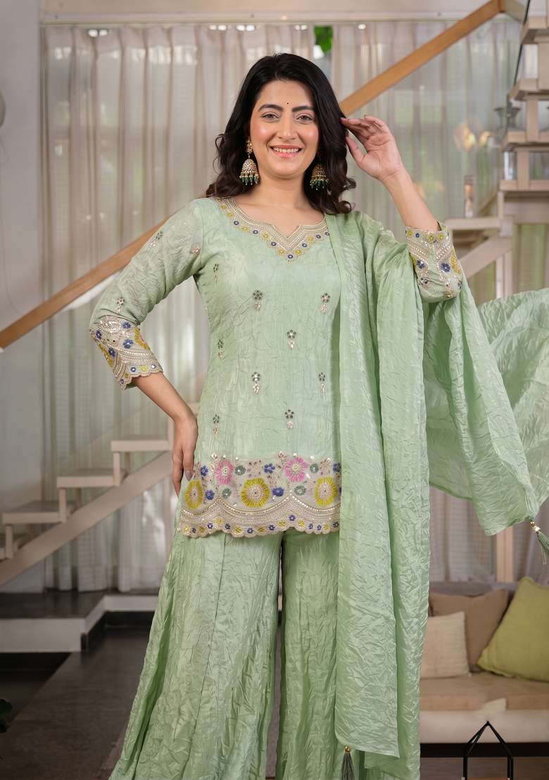 Light Green Embroidered Silk Kurta Set - Indya