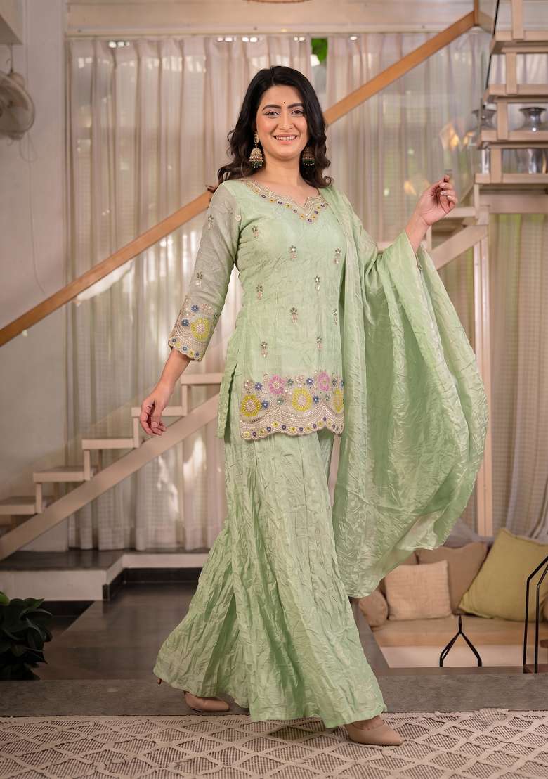 Light Green Embroidered Silk Kurta Set - Indya