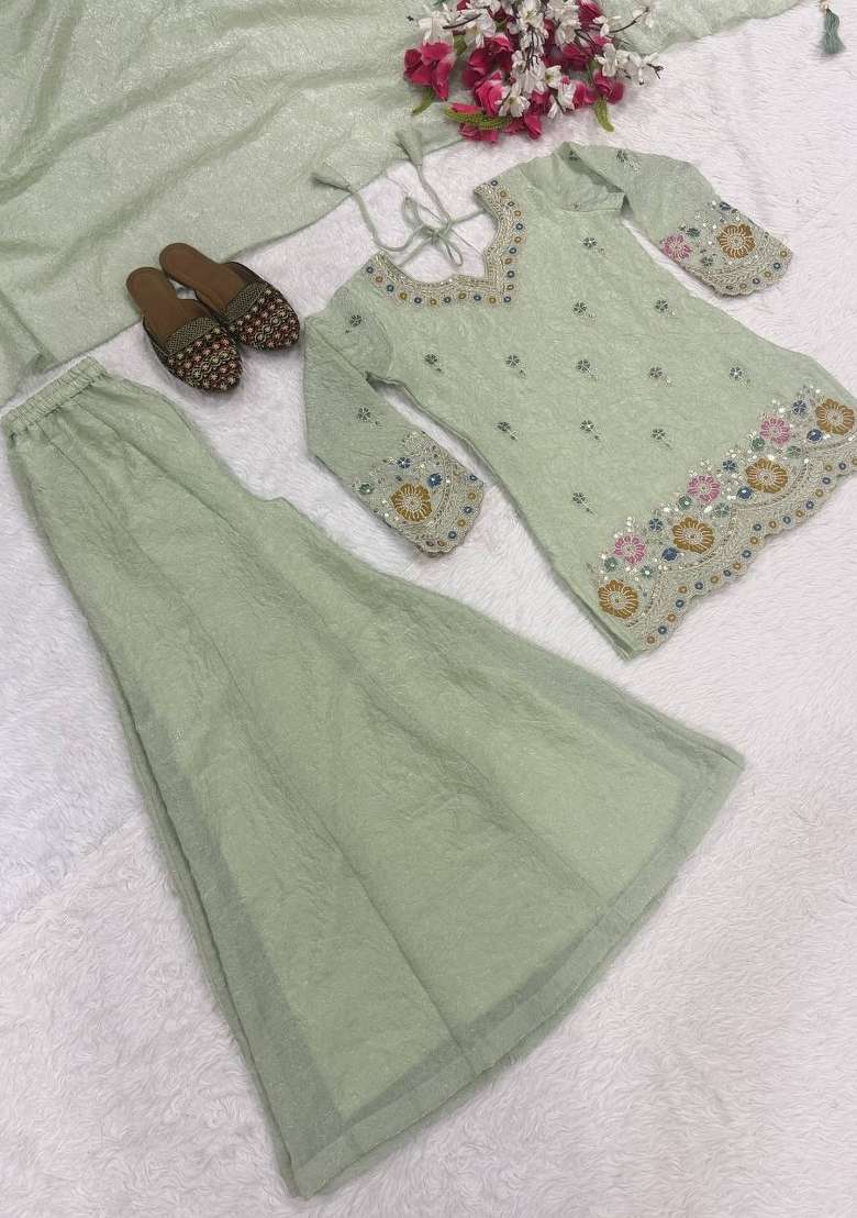 Light Green Embroidered Silk Kurta Set - Indya