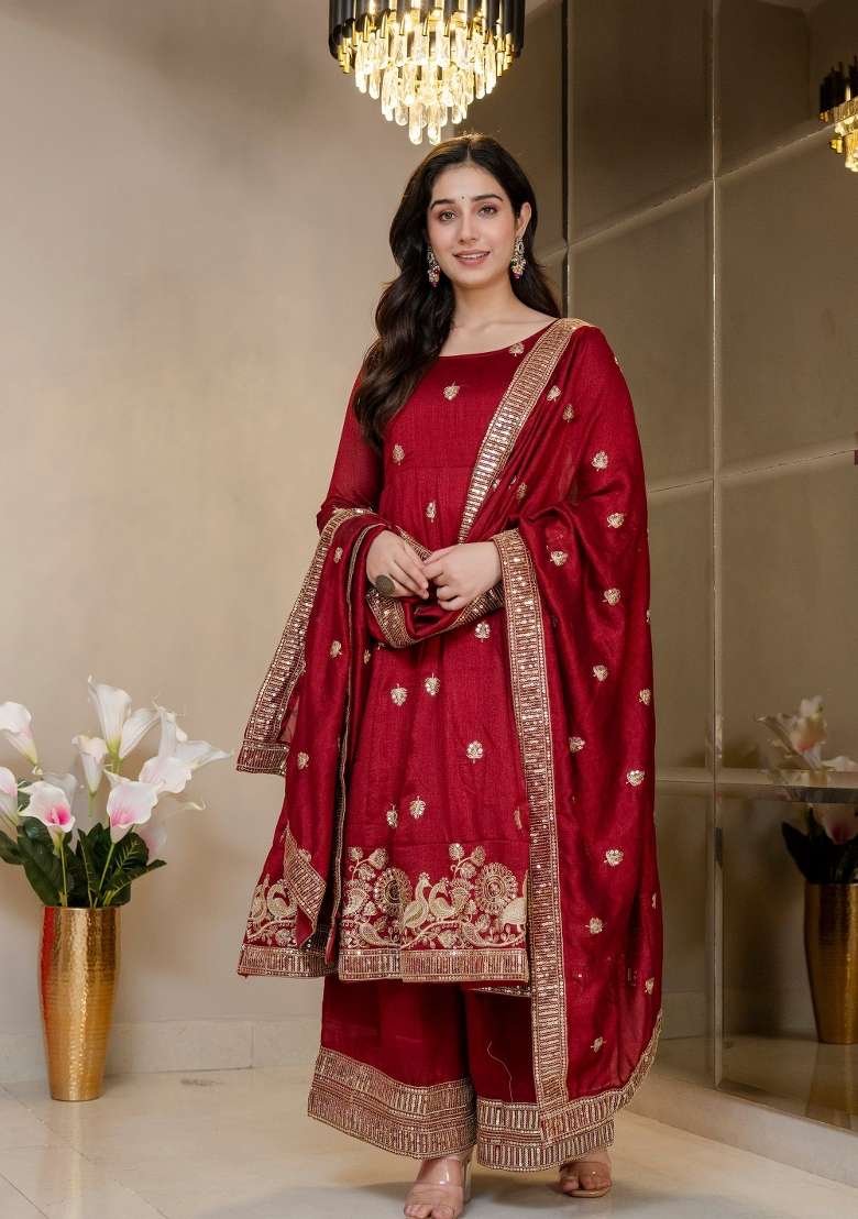 Red Embroidered Silk Kurta Set - Indya
