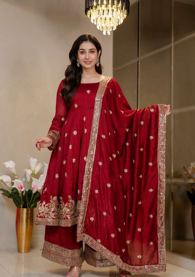 Red Embroidered Silk Kurta Set - Indya