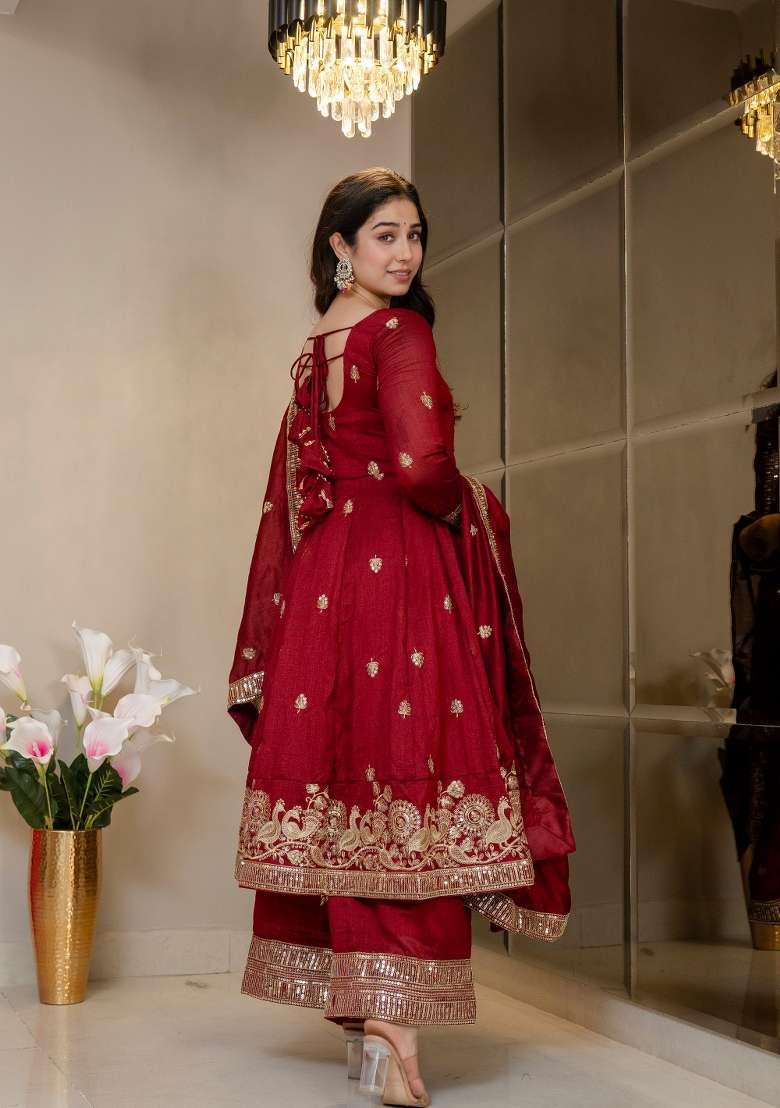 Red Embroidered Silk Kurta Set - Indya