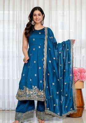 Blue Embroidered Silk Kurta Set