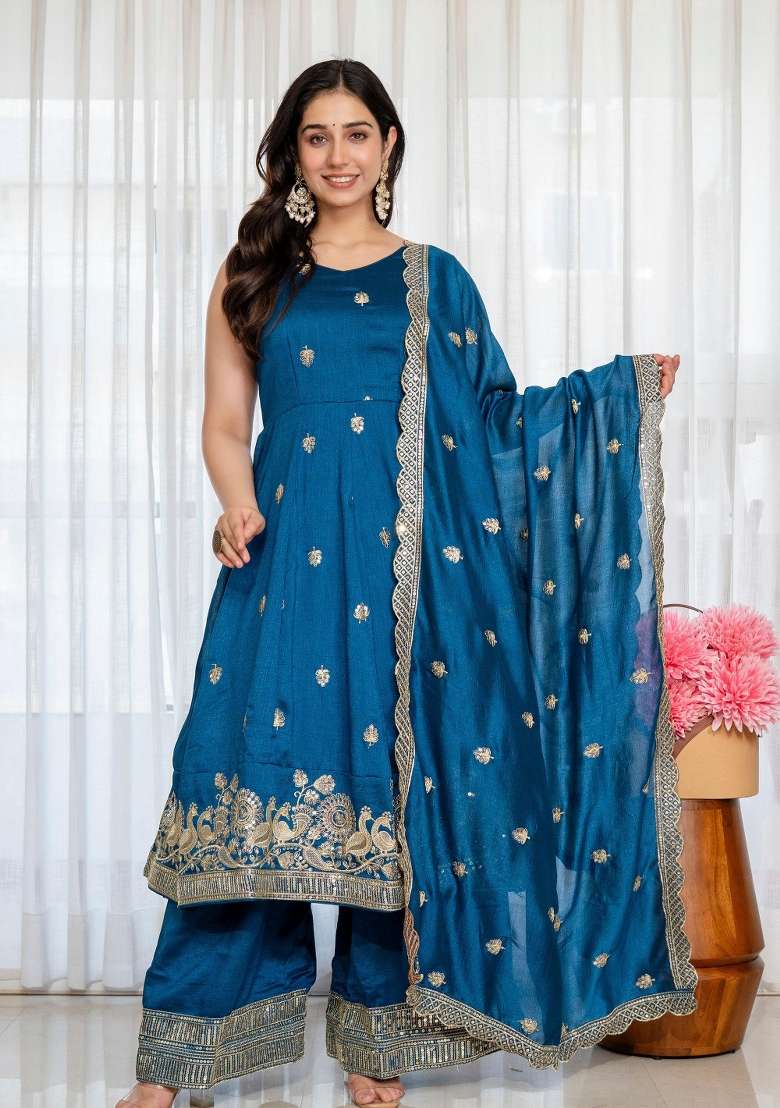 Blue Embroidered Silk Kurta Set - Indya