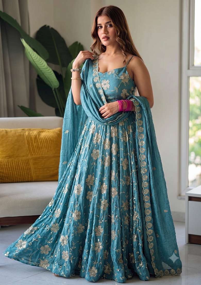 Sky Blue Embroidered Silk Kurta Set - Indya