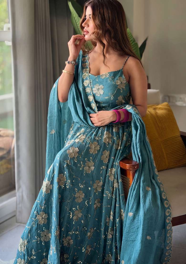 Sky Blue Embroidered Silk Kurta Set - Indya