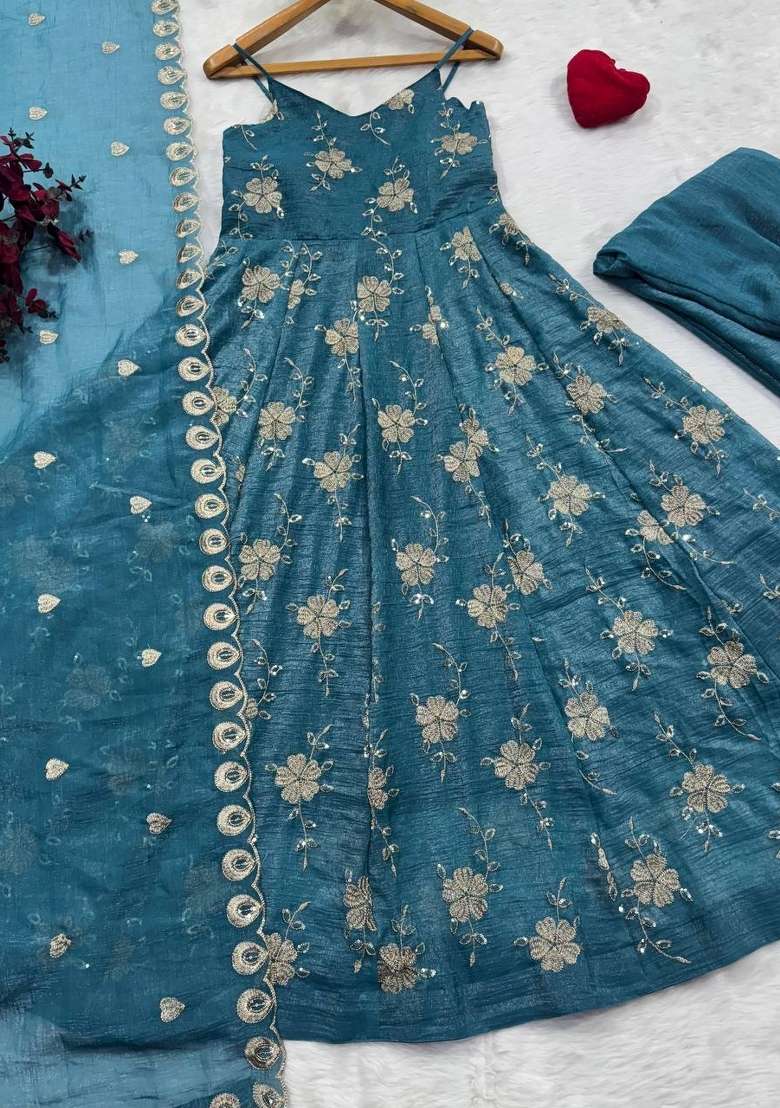 Sky Blue Embroidered Silk Kurta Set - Indya