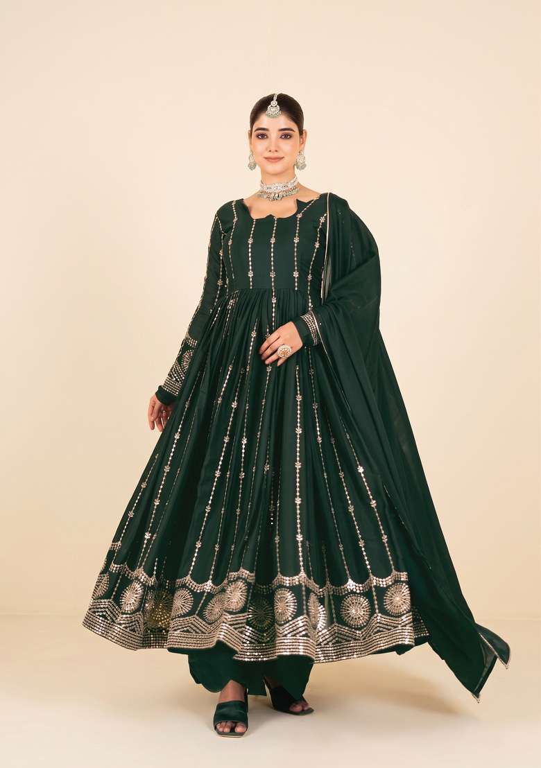 Green Embroidered Georgette Kurta Set - Indya