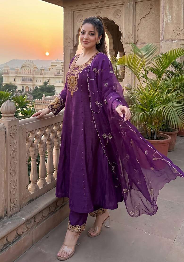 Wine Embroidered Silk Kurta Set - Indya