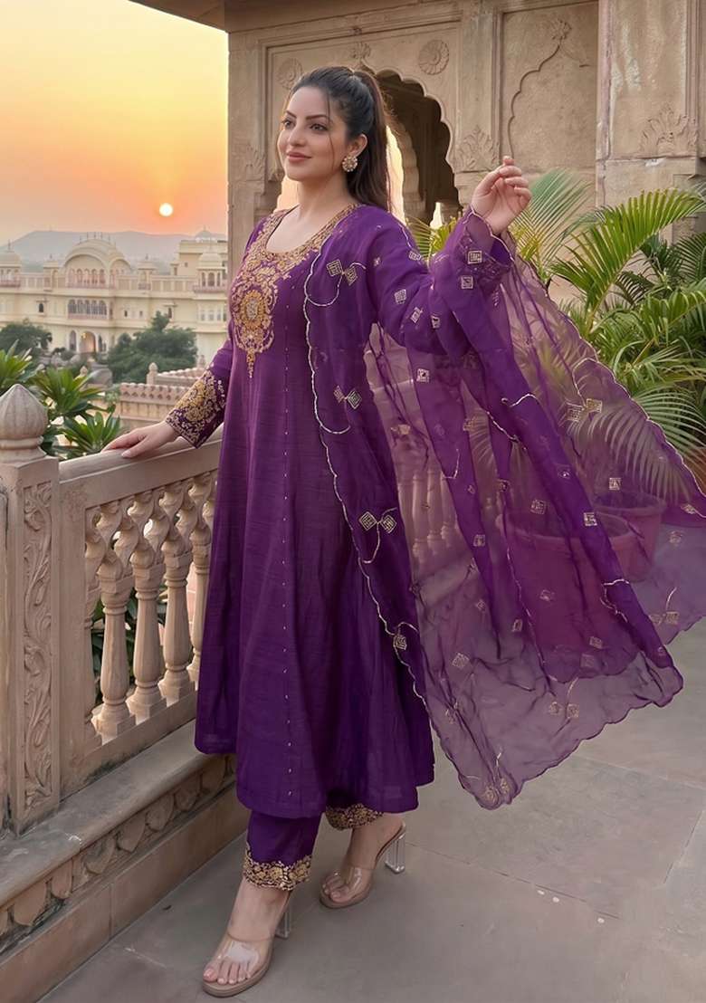 Wine Embroidered Silk Kurta Set - Indya