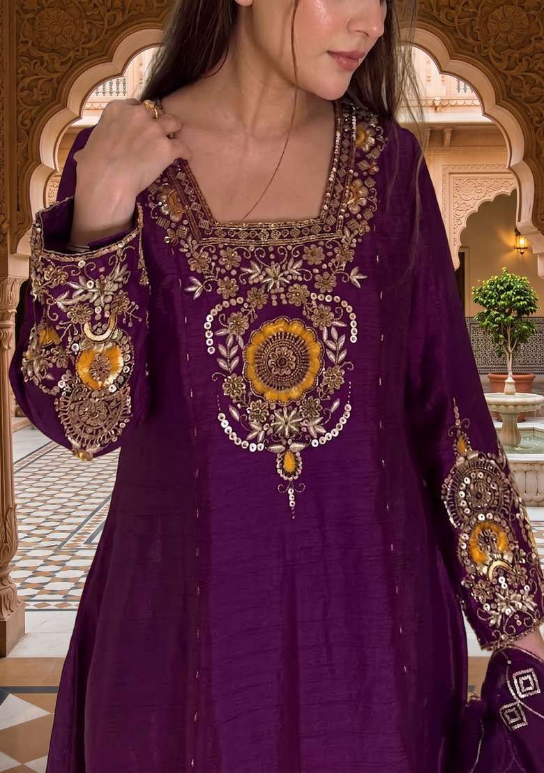 Wine Embroidered Silk Kurta Set - Indya