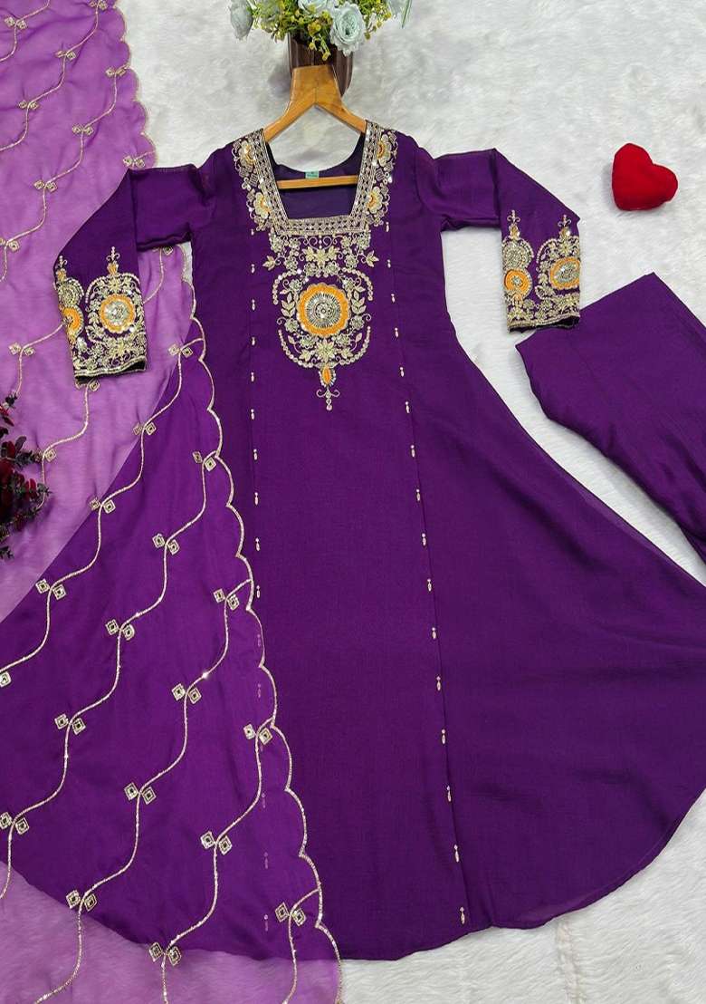 Wine Embroidered Silk Kurta Set - Indya