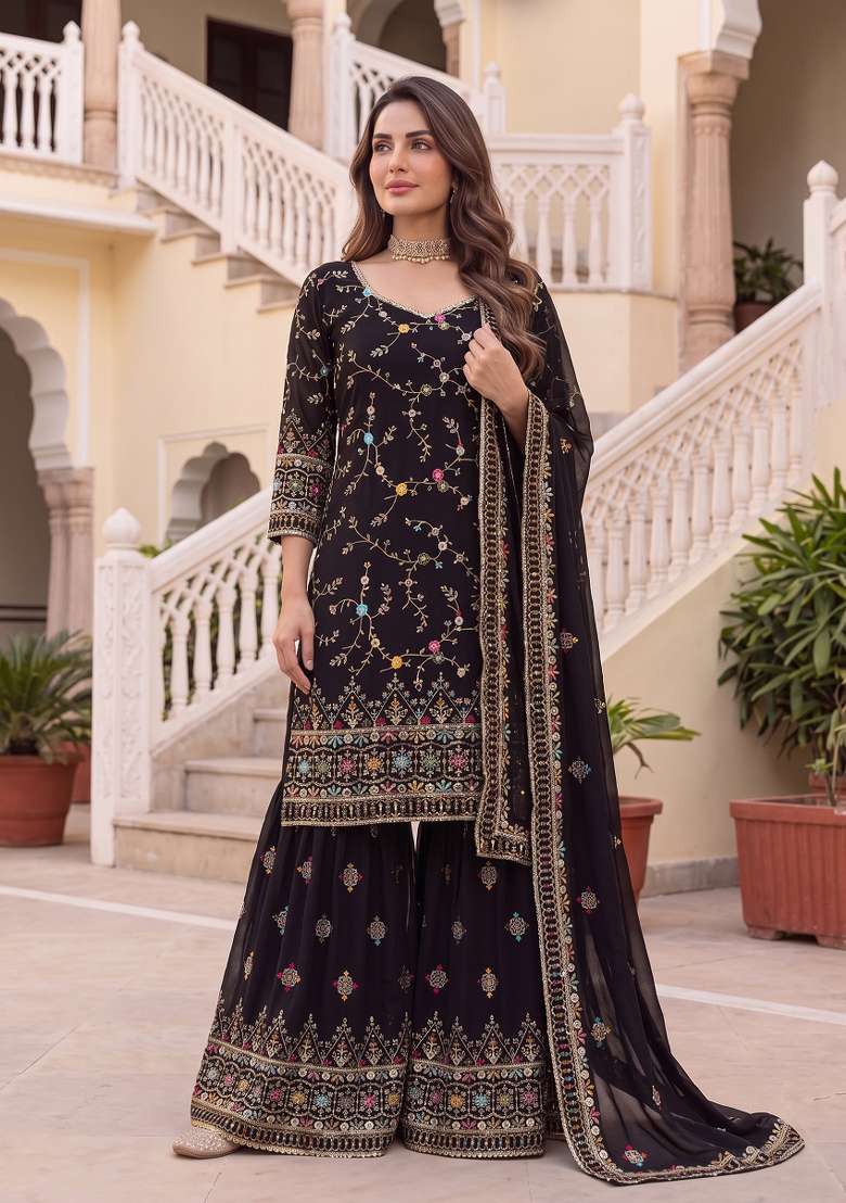 Black Embroidered Georgette Kurta Set - Indya