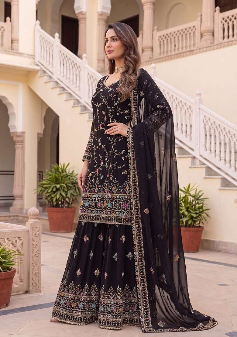 Black Embroidered Georgette Kurta Set - Indya