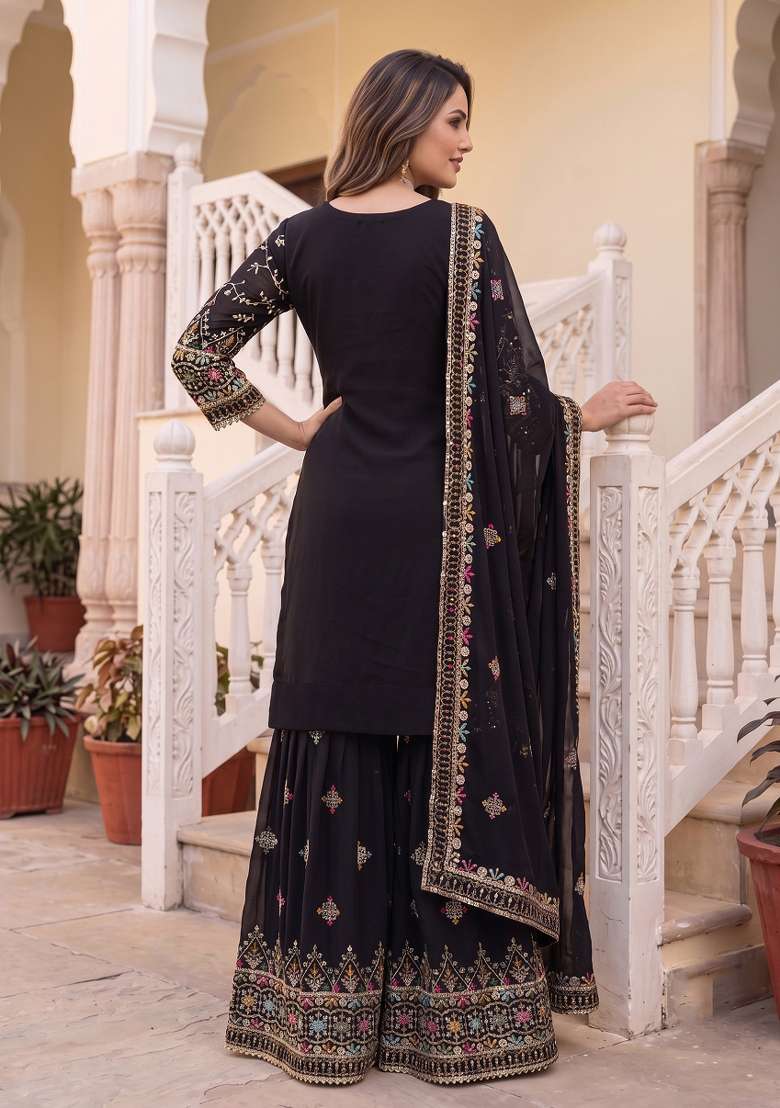 Black Embroidered Georgette Kurta Set - Indya