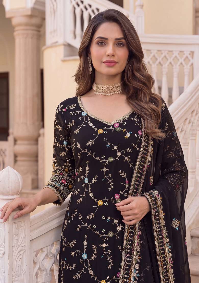 Black Embroidered Georgette Kurta Set - Indya