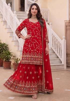 Red Embroidered Georgette Kurta Set