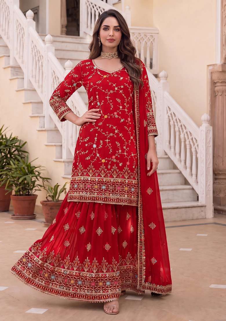 Red Embroidered Georgette Kurta Set - Indya