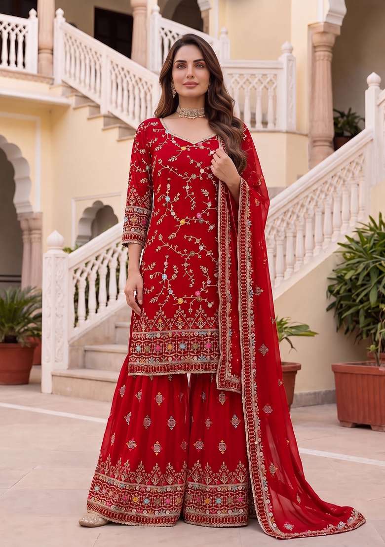 Red Embroidered Georgette Kurta Set - Indya