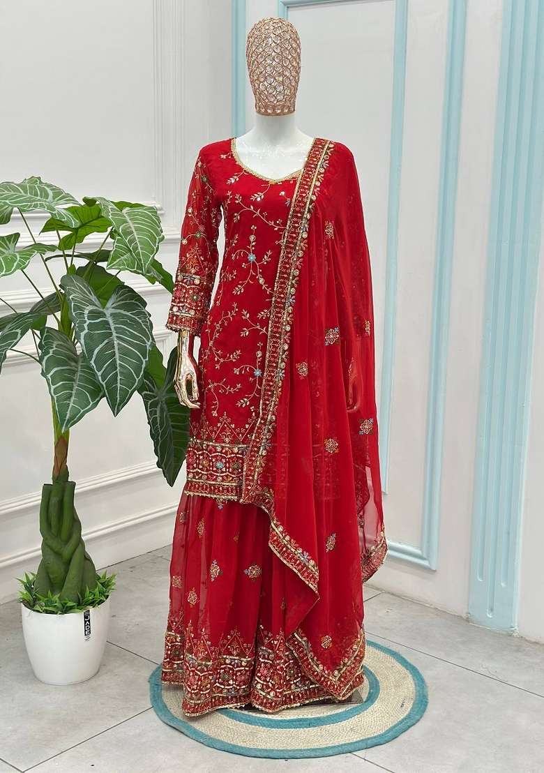 Red Embroidered Georgette Kurta Set - Indya