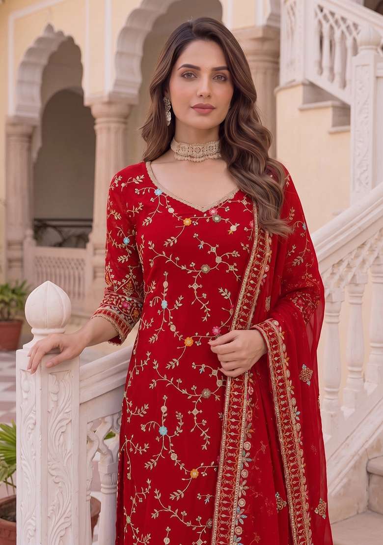 Red Embroidered Georgette Kurta Set - Indya