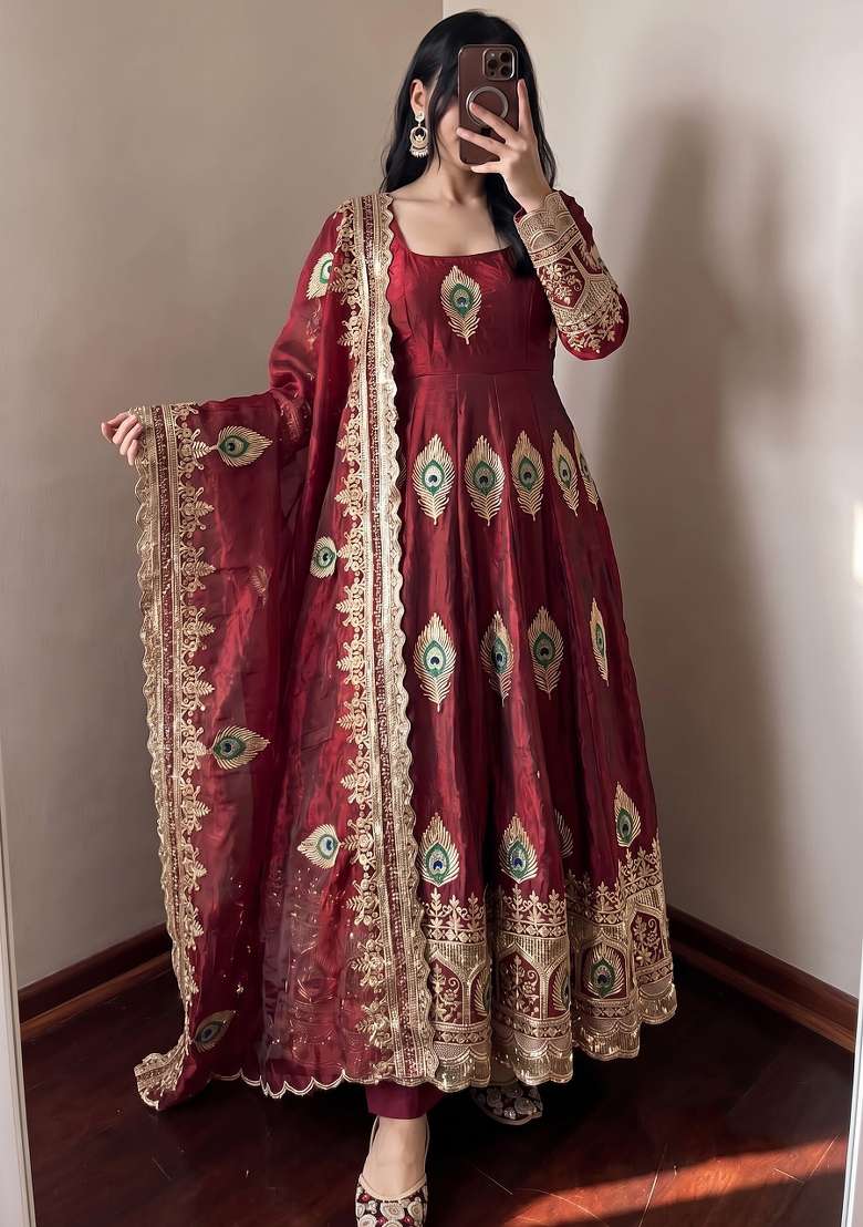 Maroon Embroidered Silk Kurta Set - Indya