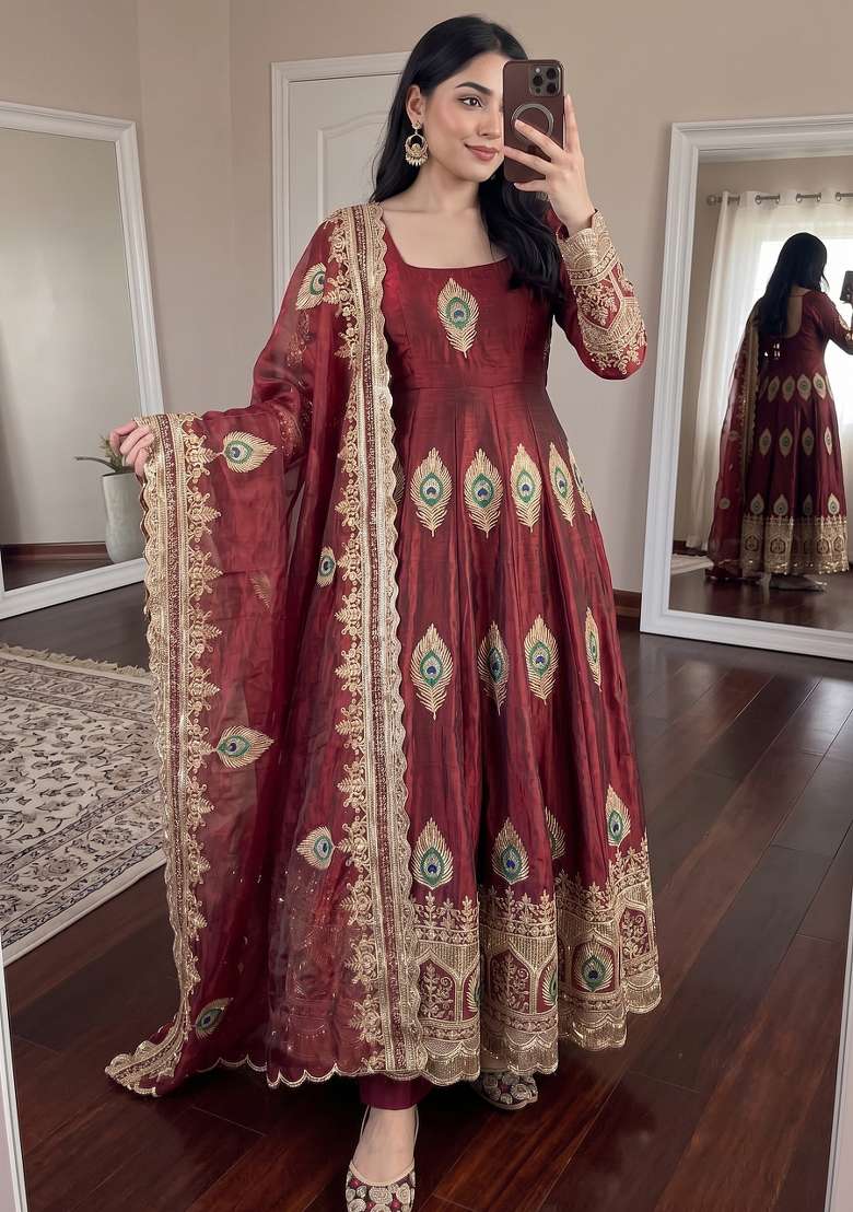 Maroon Embroidered Silk Kurta Set - Indya