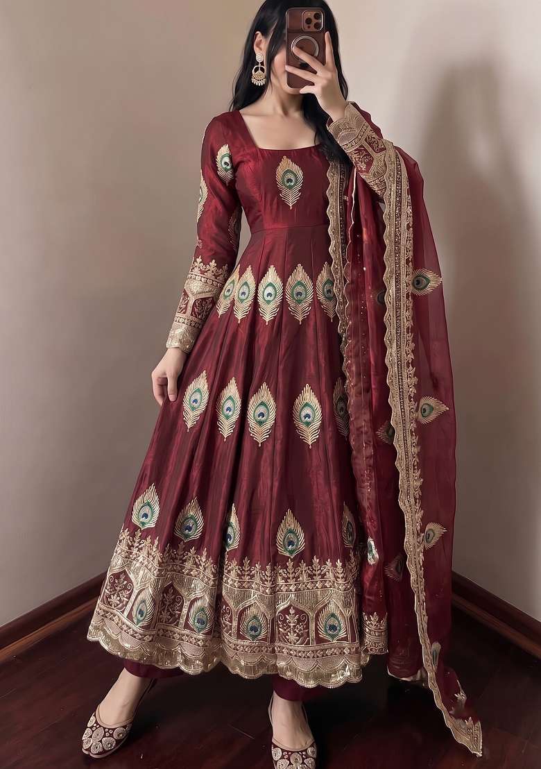 Maroon Embroidered Silk Kurta Set - Indya