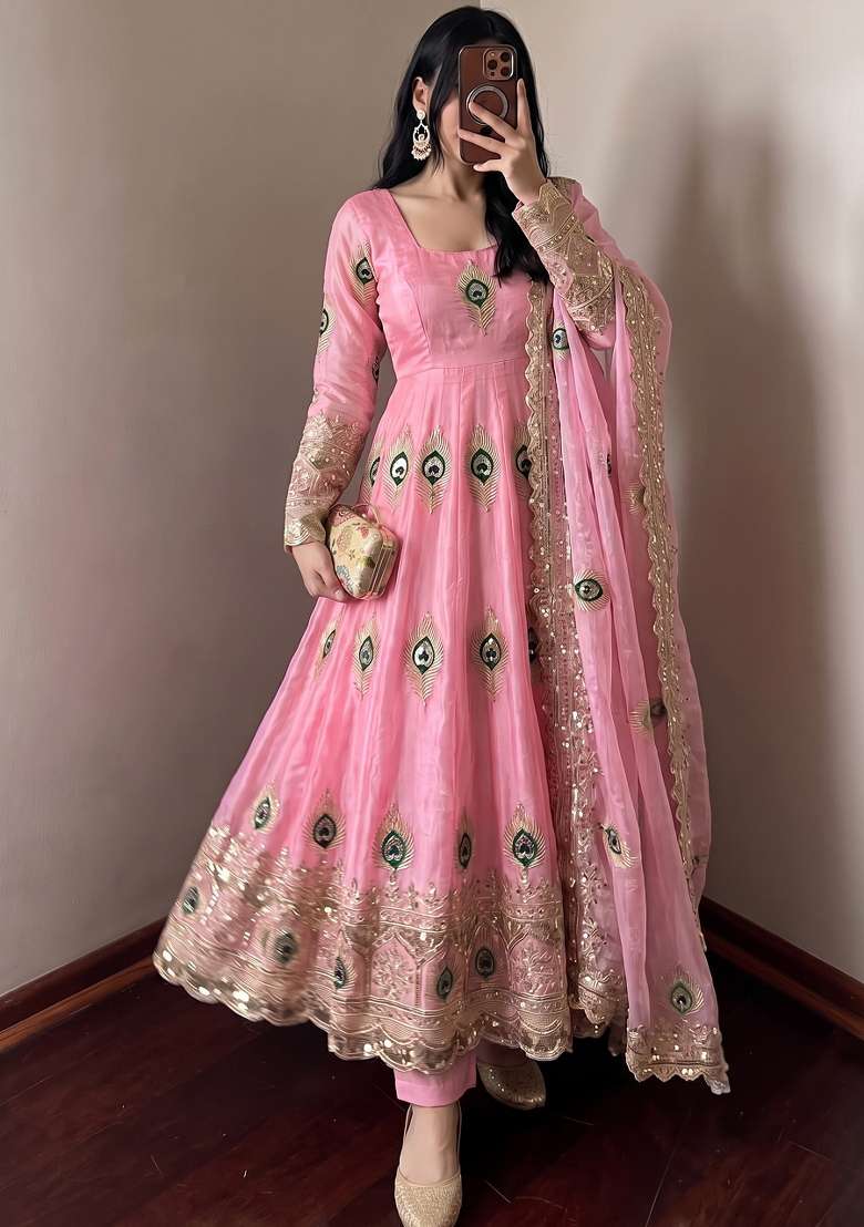 Pink Embroidered Silk Kurta Set - Indya