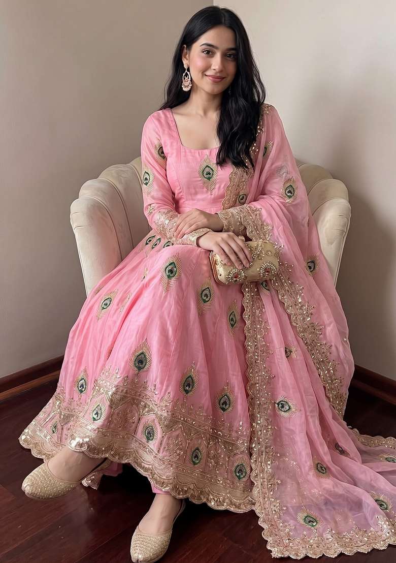 Pink Embroidered Silk Kurta Set - Indya