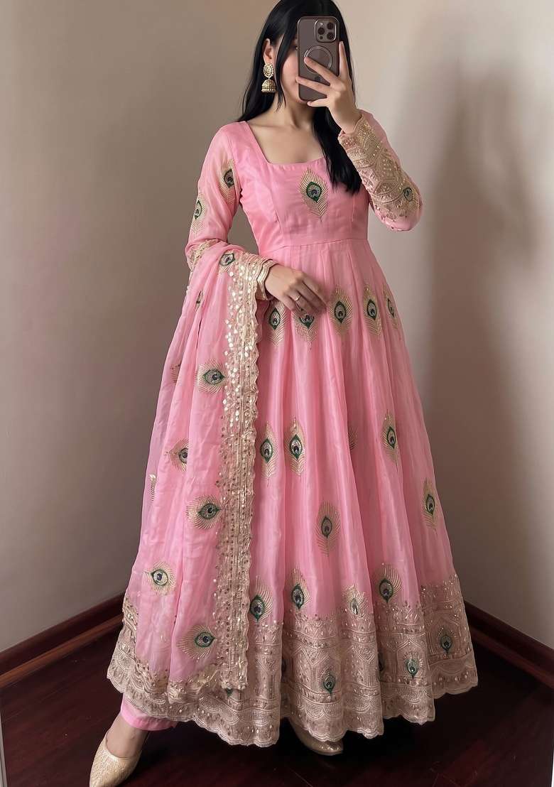 Pink Embroidered Silk Kurta Set - Indya