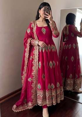 Rani Pink Embroidered Silk Kurta Set