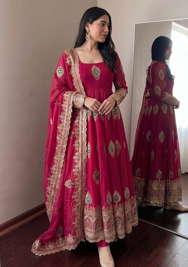 Rani Pink Embroidered Silk Kurta Set - Indya