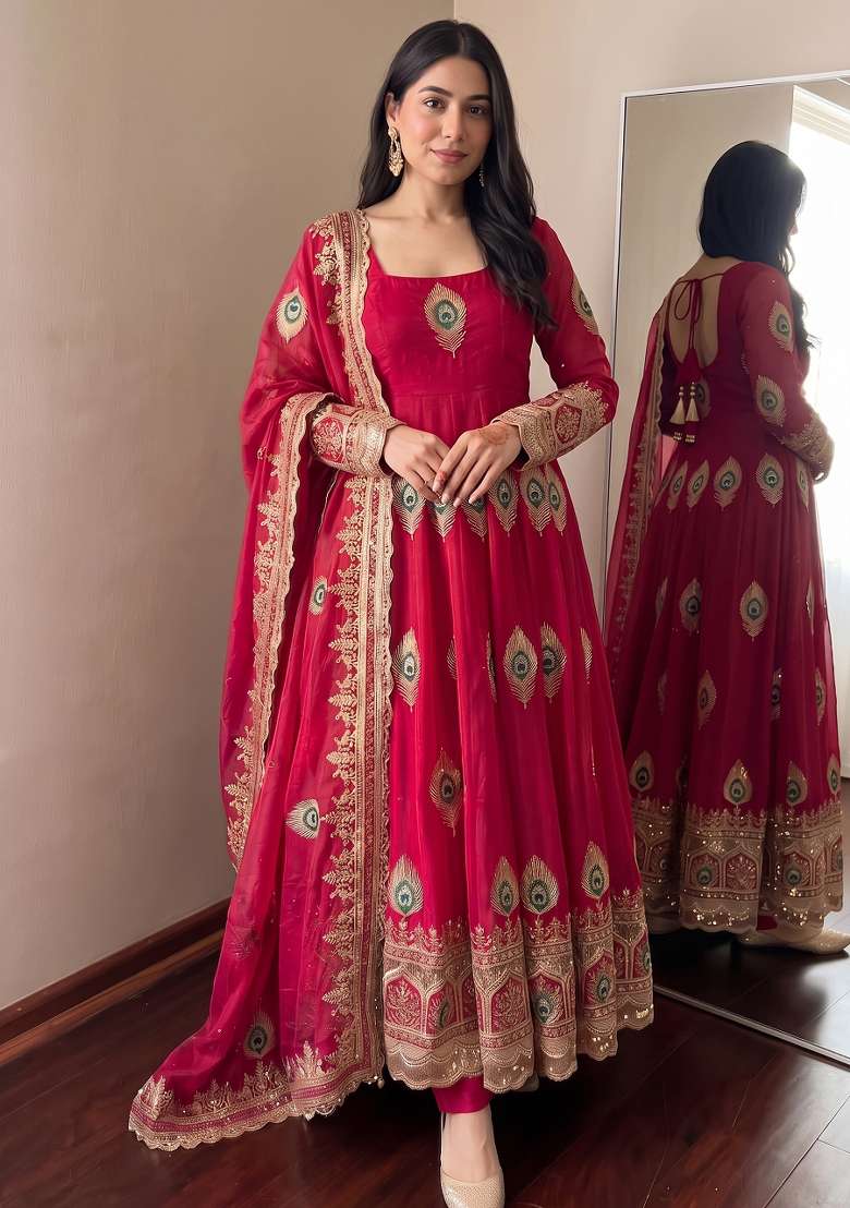 Rani Pink Embroidered Silk Kurta Set - Indya