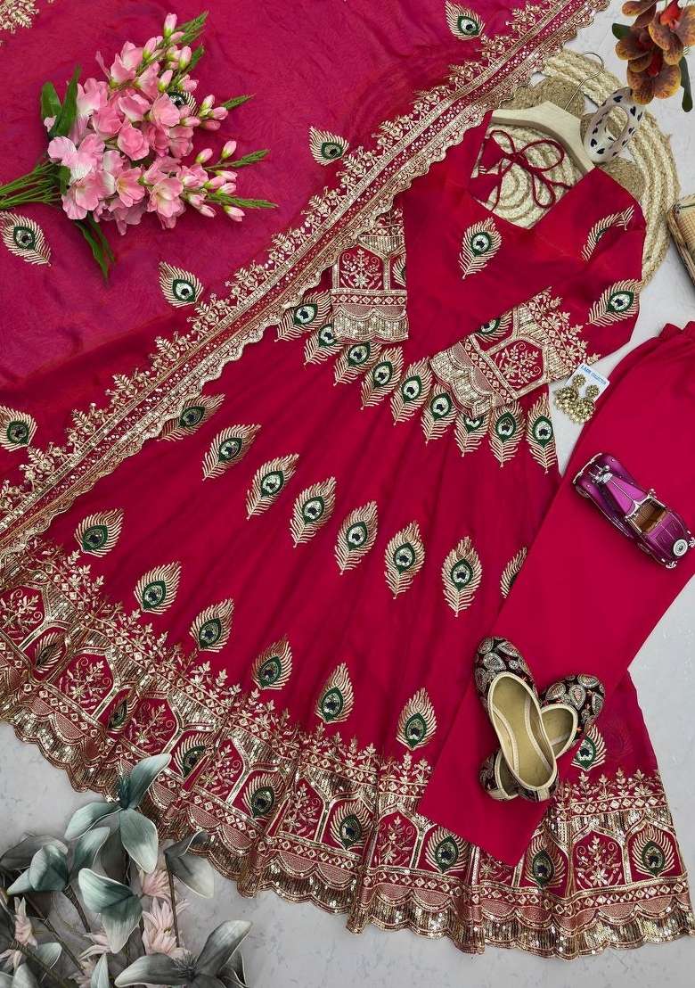Rani Pink Embroidered Silk Kurta Set - Indya