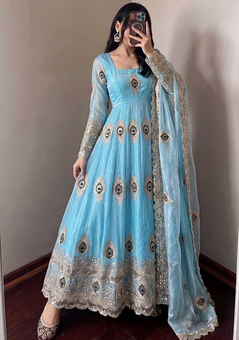 Sky Blue Embroidered Silk Kurta Set - Indya