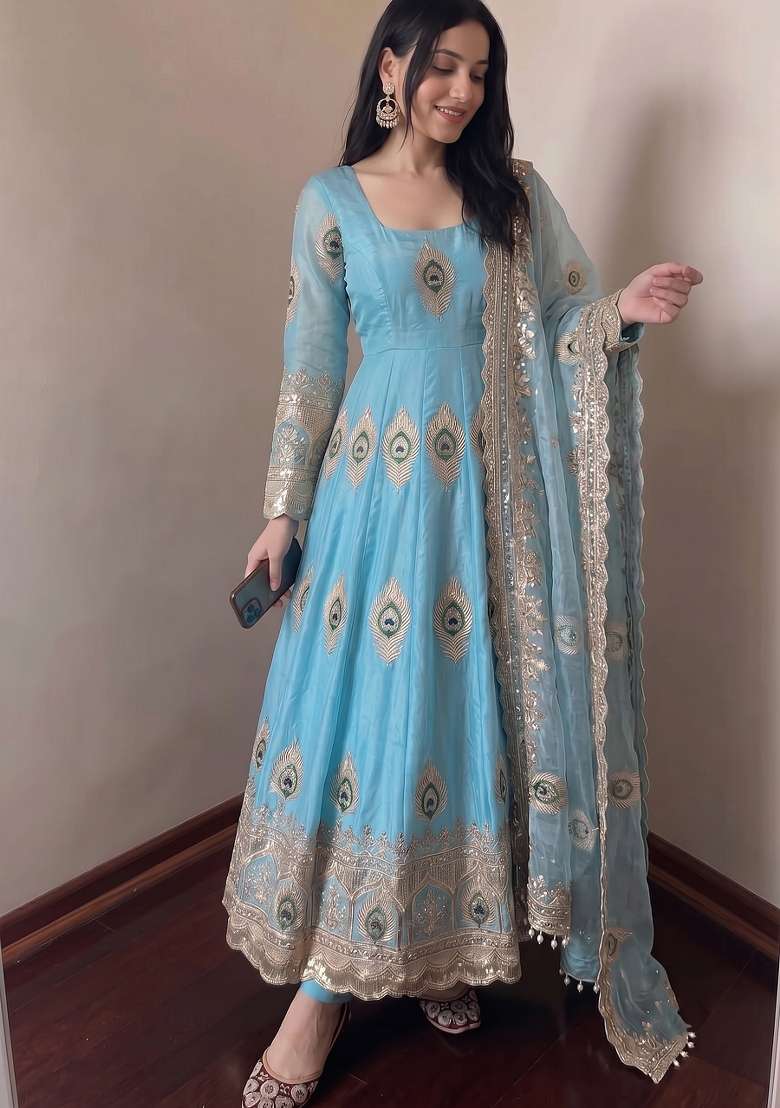 Sky Blue Embroidered Silk Kurta Set - Indya