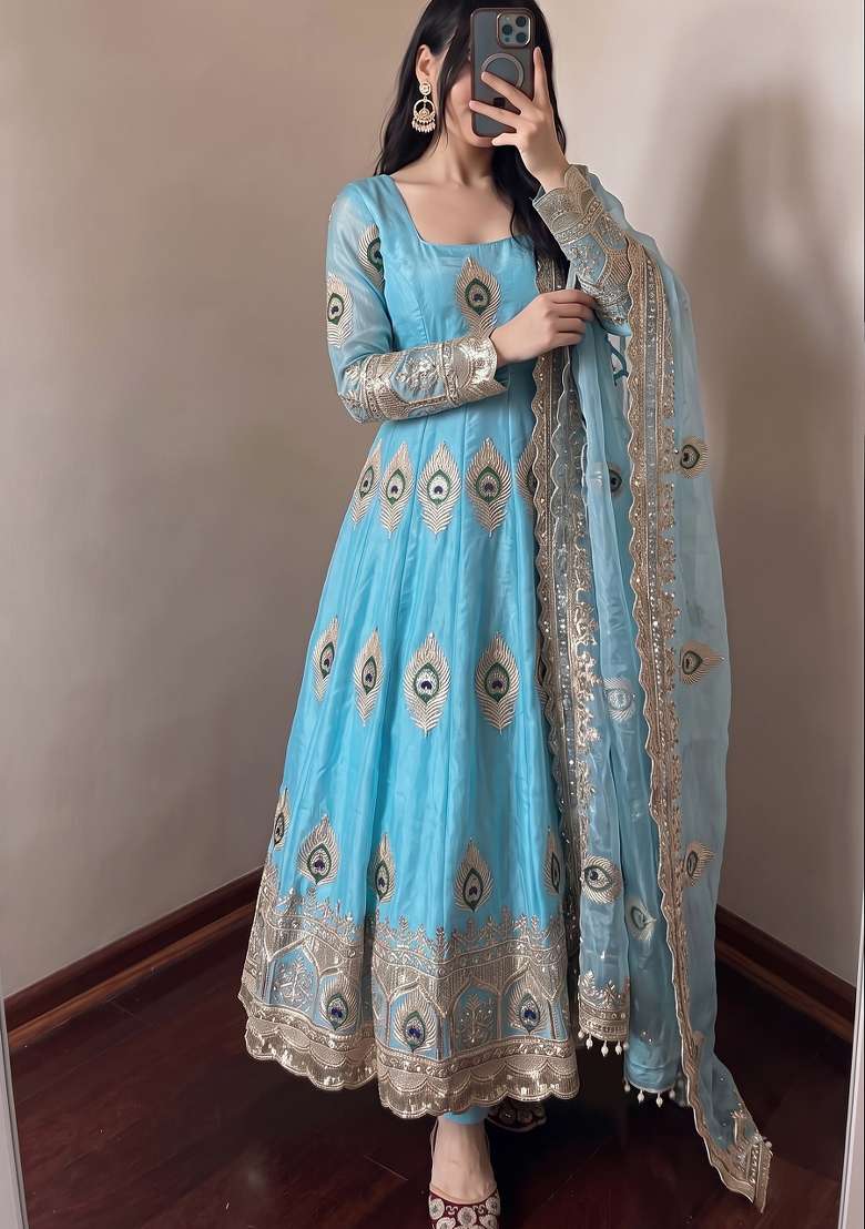 Sky Blue Embroidered Silk Kurta Set - Indya