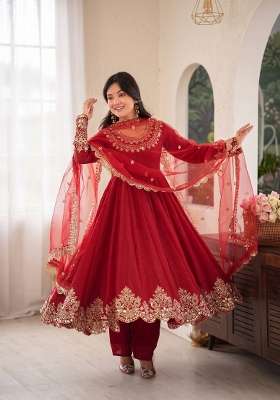 Red Embroidered Silk Kurta Set