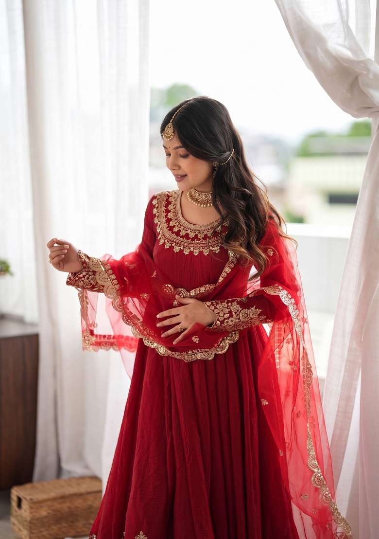 Red Embroidered Silk Kurta Set - Indya