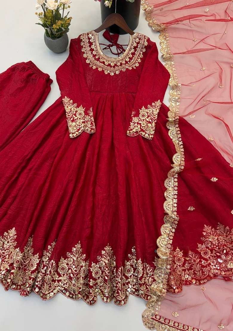 Red Embroidered Silk Kurta Set - Indya