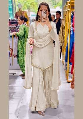 Cream Embroidered Silk Kurta Set