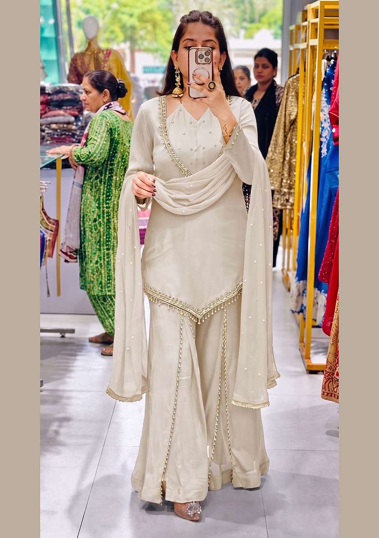 Cream Embroidered Silk Kurta Set - Indya