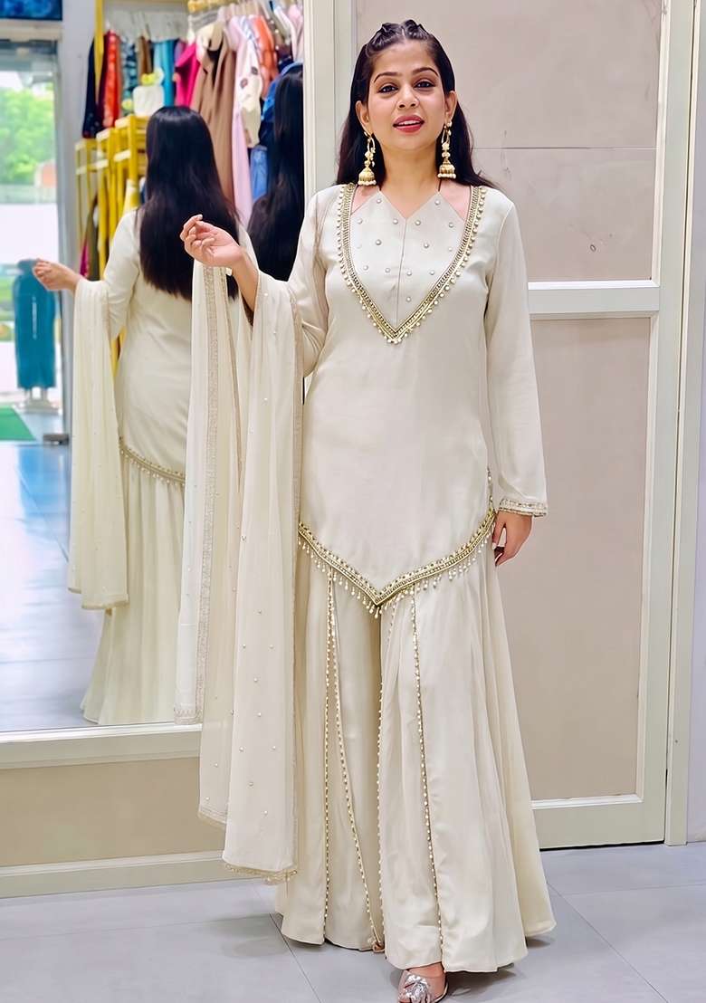 Cream Embroidered Silk Kurta Set - Indya