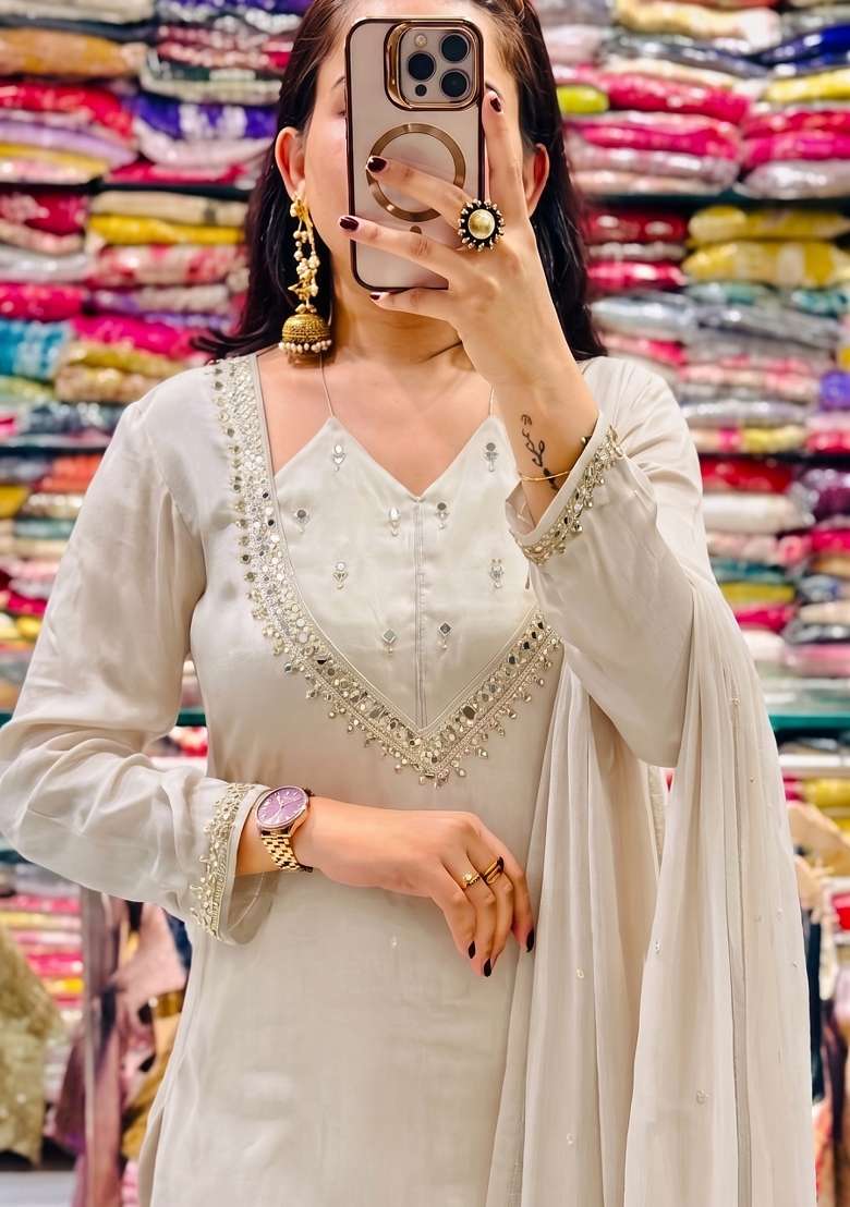 Cream Embroidered Silk Kurta Set - Indya