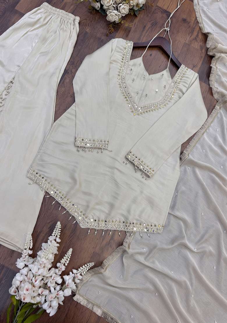 Cream Embroidered Silk Kurta Set - Indya